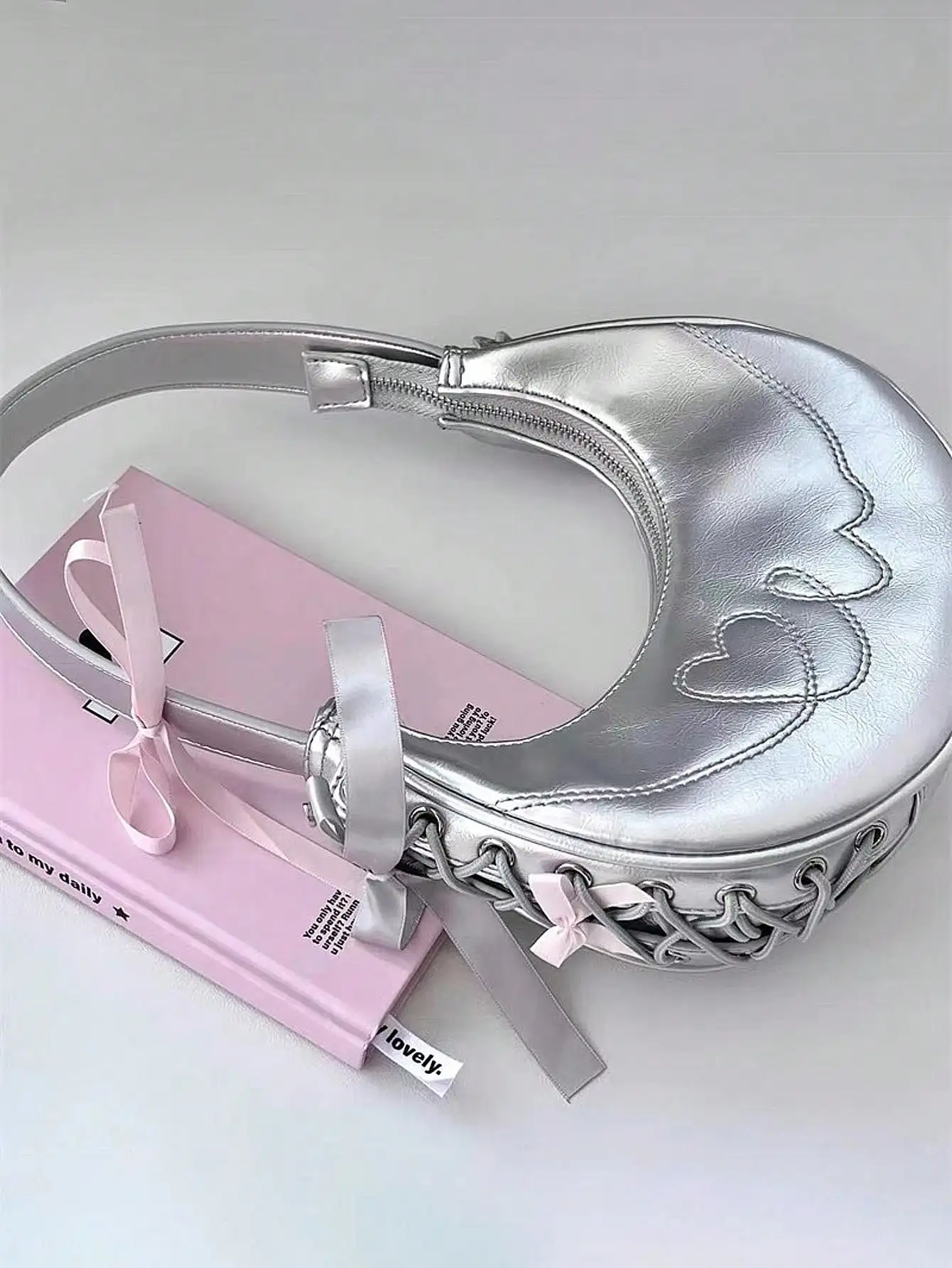 2024 New Fashionable Ballet Style Handbag Texture Silver Crescent Bag, Unique Design, Love Strap Shoulder Bag