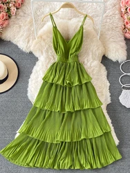 Women Sexy Elegant Chiffon Pleat Suspender Pleat Robe Summer New Loose French V-neck Party Vacation Long Dress vestidos
