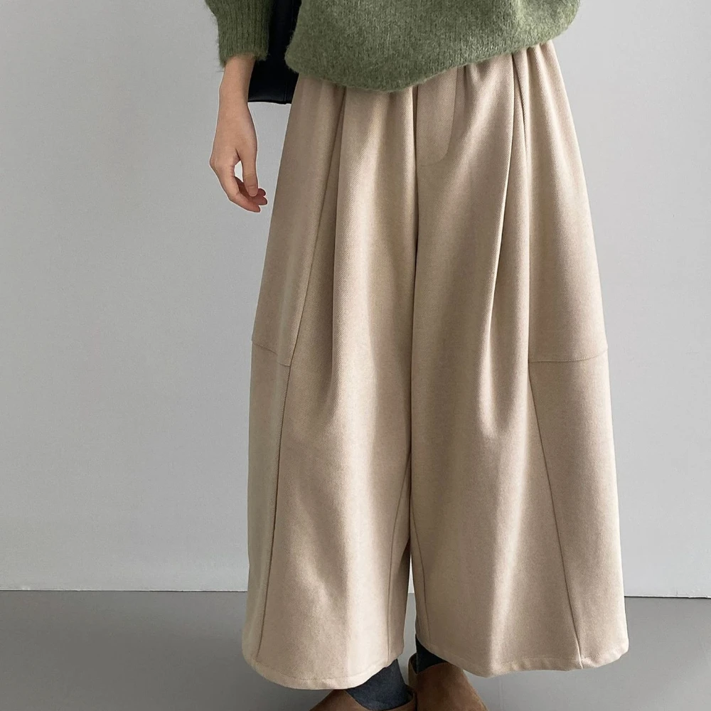 TWOTWINSTYLE 솔리드 스플라이스드 폴드 한국 스타일 바지 여성용 하이웨이스트 루즈 미니멀리스트 캐주얼 와이드 레그 팬츠 가을 패션