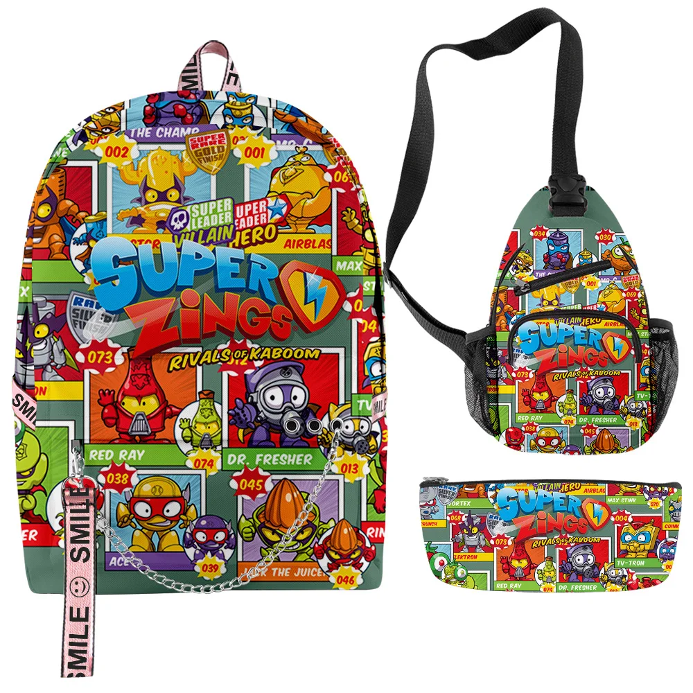 Hip Hop Popular Funny Superzings 3D Print 3pcs/Set School Bags multifunction Travel Backpack Chest Bag Pencil Case