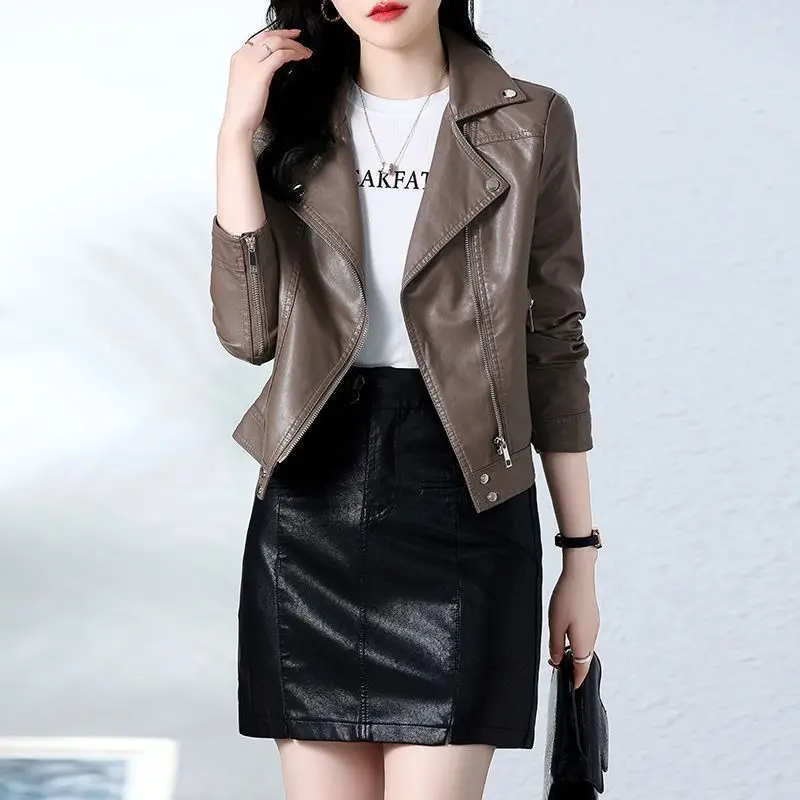 2026 New  Women's Fashion Soft Leather Jacket Spring autumn Short Motorcycle Leather Lapel Jacket Slim Casual Coat Female