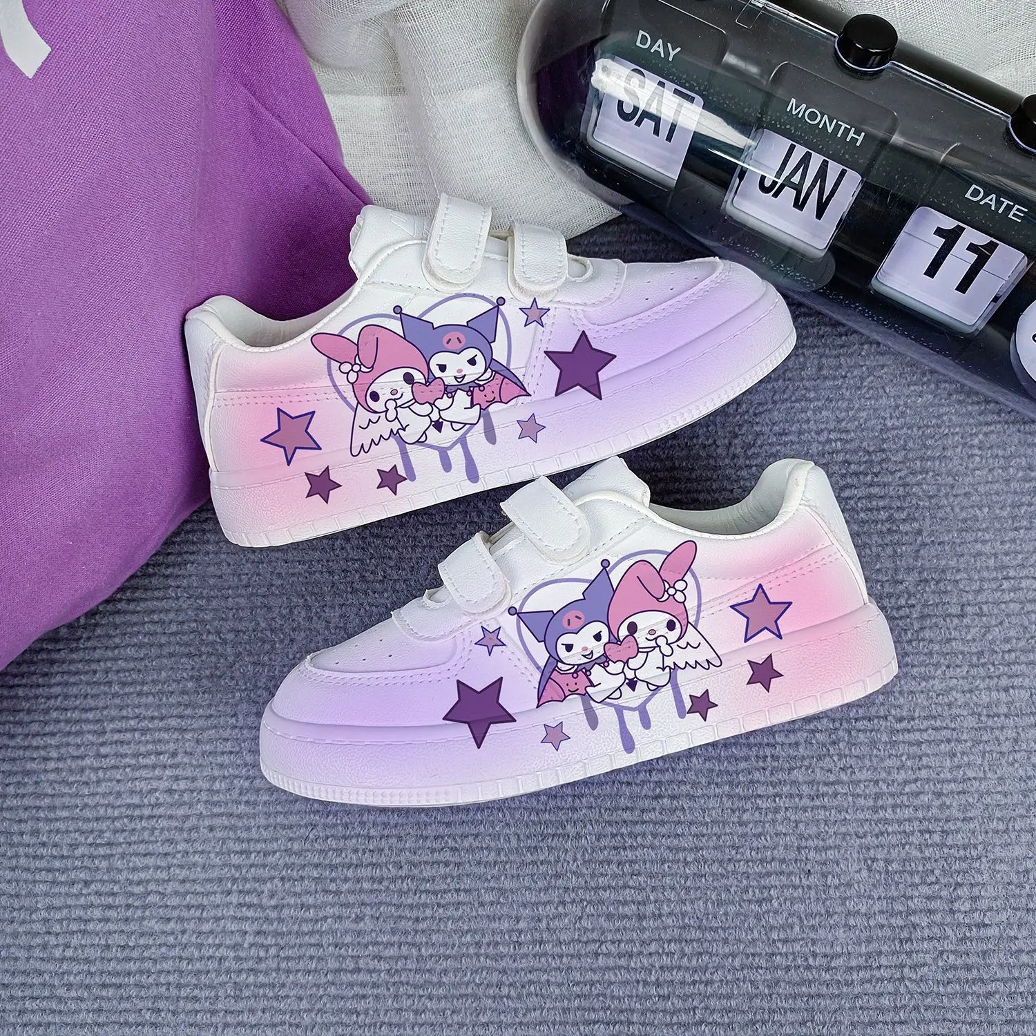 Kuromi Cartoon Children Sneakers For Girls Boys Casual Print Sport Shoes Flat Kids Tennis Shoes White Low Cut Board Shoes