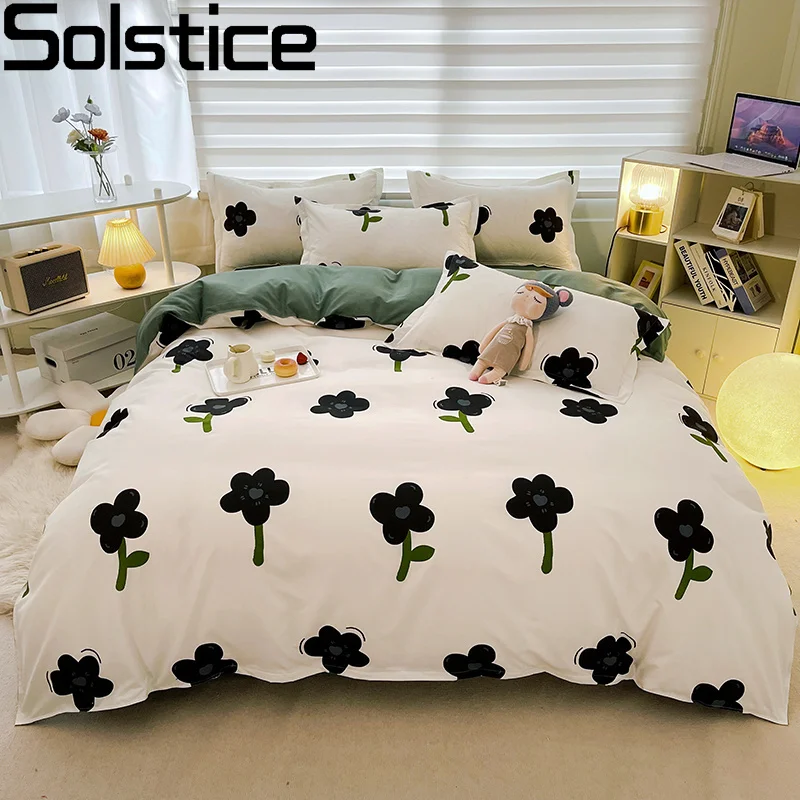 Solstice Home Girl Child Adult Woman Bedding Linens Set Black Flowers Duvet Cover Pillowcase Gray Flat Bed Sheet Full Queen King