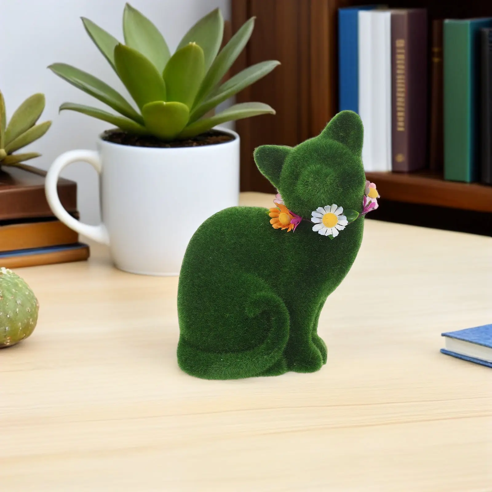 Green Moss Covered Flocked Cat Statue Artistic Resin Garden Sculpture Cute Realistic Animal Decoration for Living Room Office