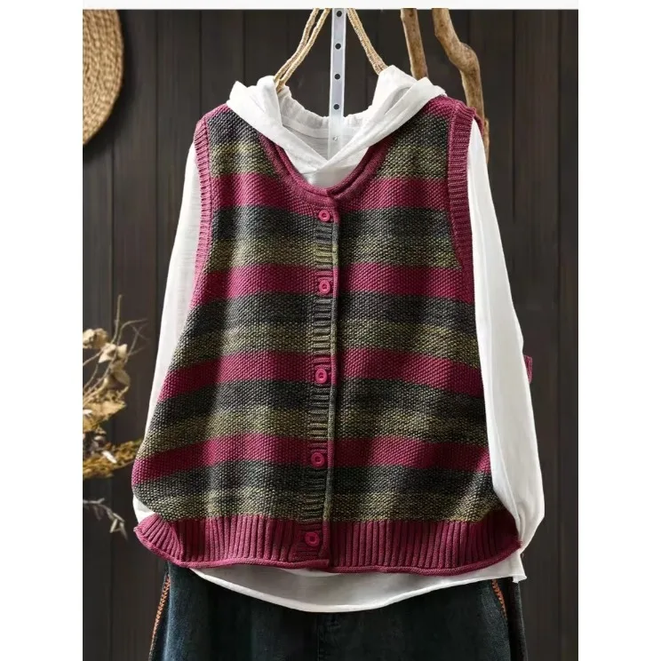 plus Size Knitted Sweater Women's Loose Fit Striped Vest Autumn Winter High End Fashion Outerwear Commute Style Single Button