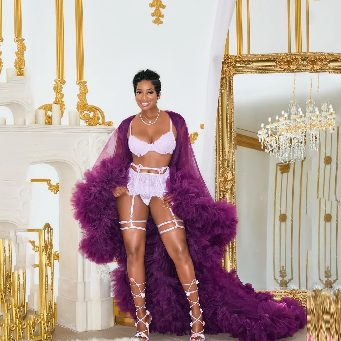 Robe em camadas roxo mangas completas flare feito sob encomenda novas mulheres topos jaqueta inchada em camadas mangas completas tule exuberante