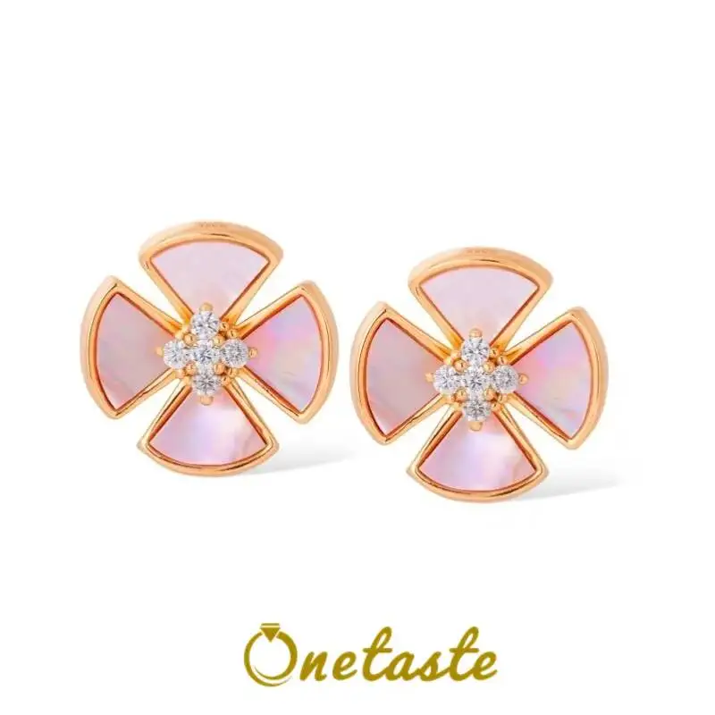 

925 Sterling Silver Pink Mother of Pearl Clover Shape Women Stud Earrings Cubic Zirconia 18K Gold Dainty Fashion Gift For Her