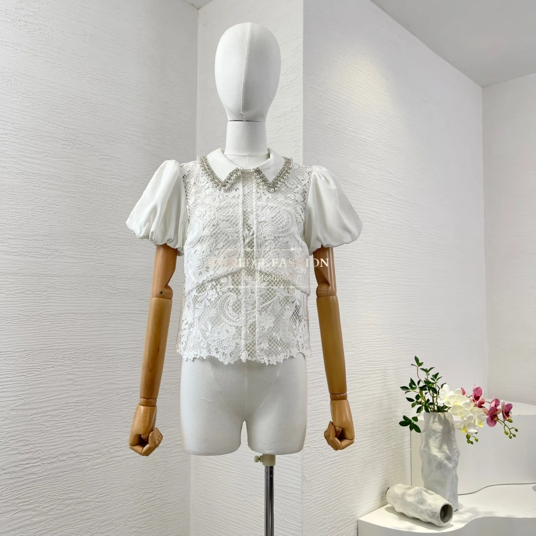 

White Short Sleeve Lace Patchwork Diamonds Blouse Tops
