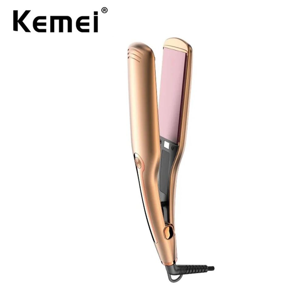 Kemei Tourmaline Ceramic Flat Iron Hair Straightener for Thick Naturally Curly Hair Extra Wide Plate Fast Heating Dual Voltage