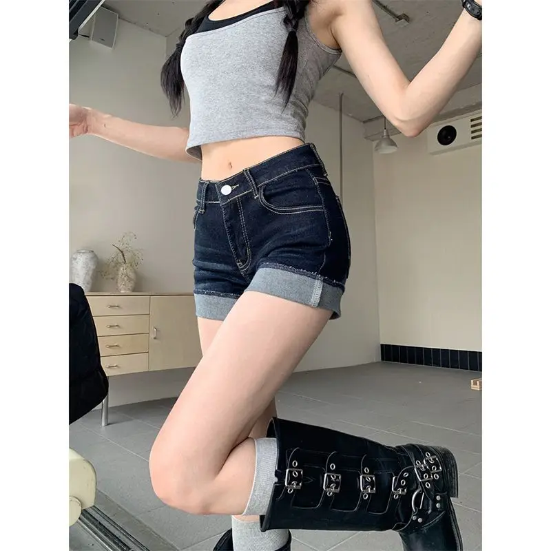 Summer 2026 Women American Spicy Girl High Waist Denim Hot Shorts Dark Raw Wash Cuffed Hem Y2K Korean Street Casual Pants