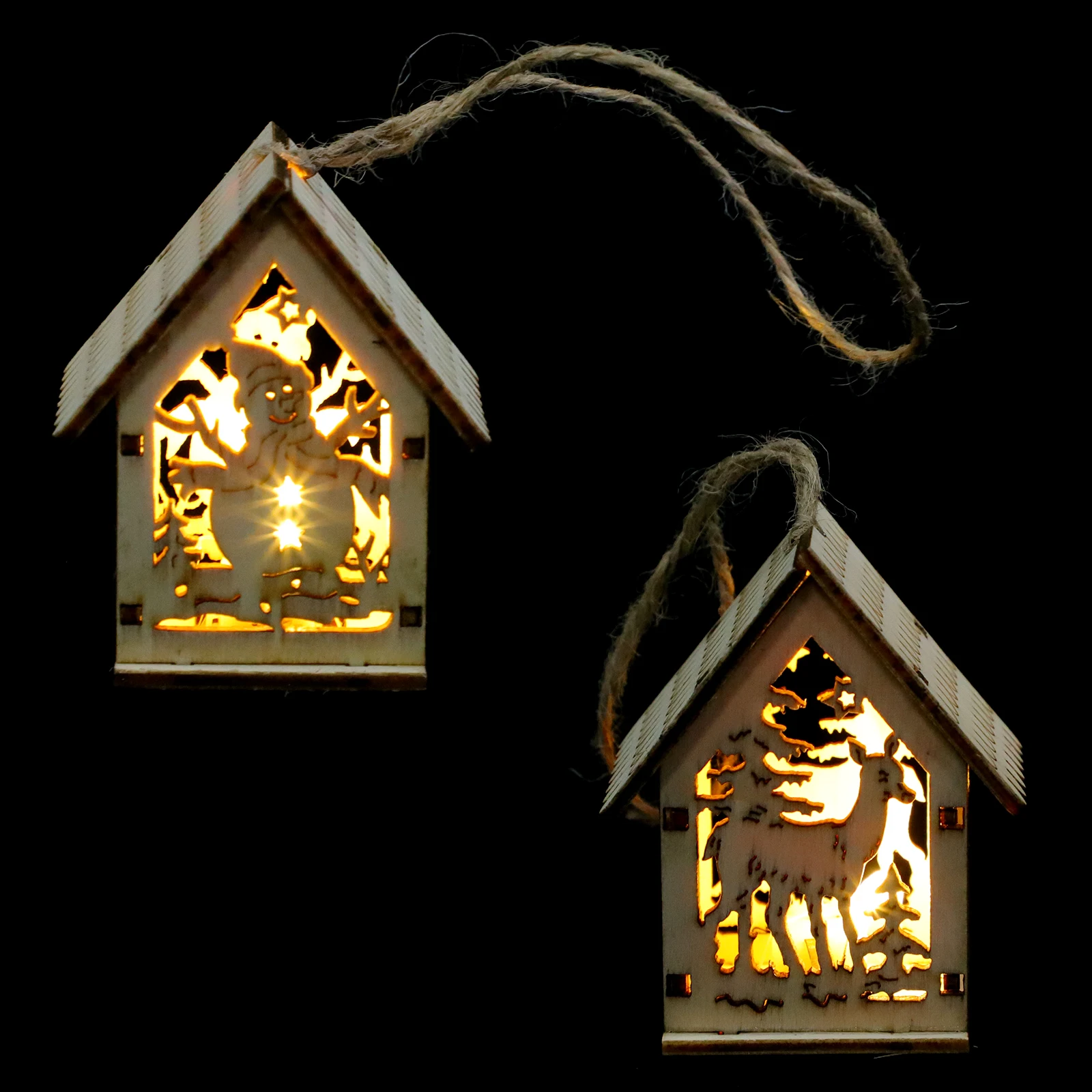 2pcs Wooden Carved Christmas Pendant Glowing Decor Creative Xmas Tree Ornament Wood Craft Festival Decoration Delicate Hanging - Image 6
