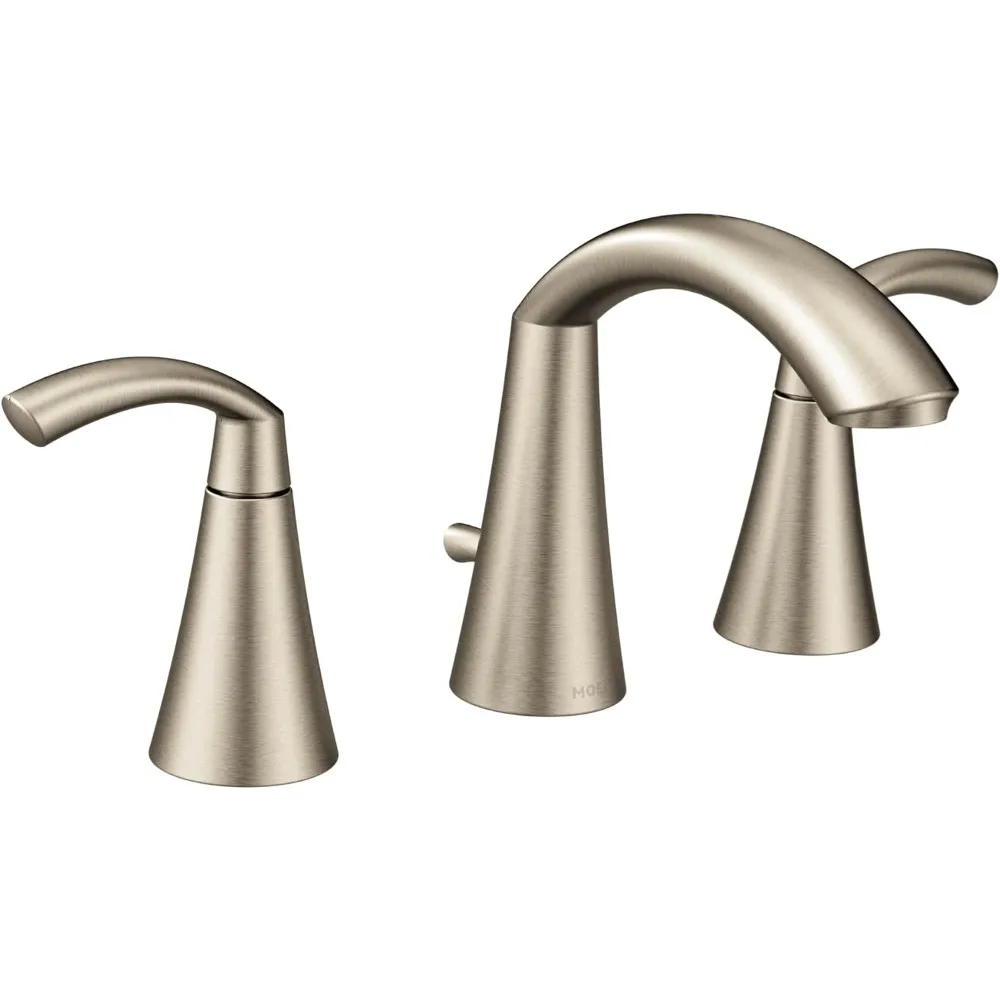 Double handle high arc wide bathroom sink faucet for 3-hole setup, with valve, brushed nickel