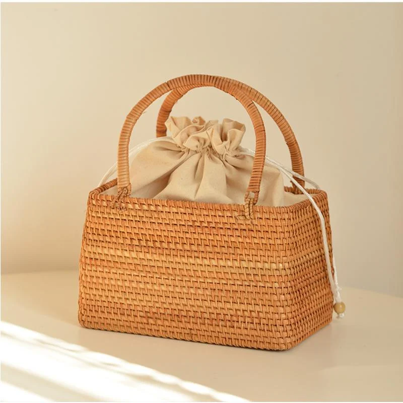 Large Capacity Storage Bucket Hollow Out Storage Bag With White Lining Vietnam Pure Handmade Rattan Basket Outing Picnic Basket