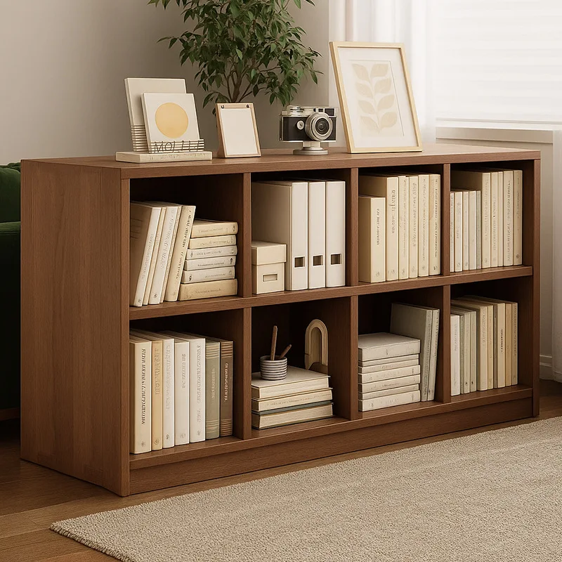 Solid wood bookshelf Floor-to-ceiling shelf Walnut lattice cabinet Living room storage locker Wall low cabinet Bay window bookca