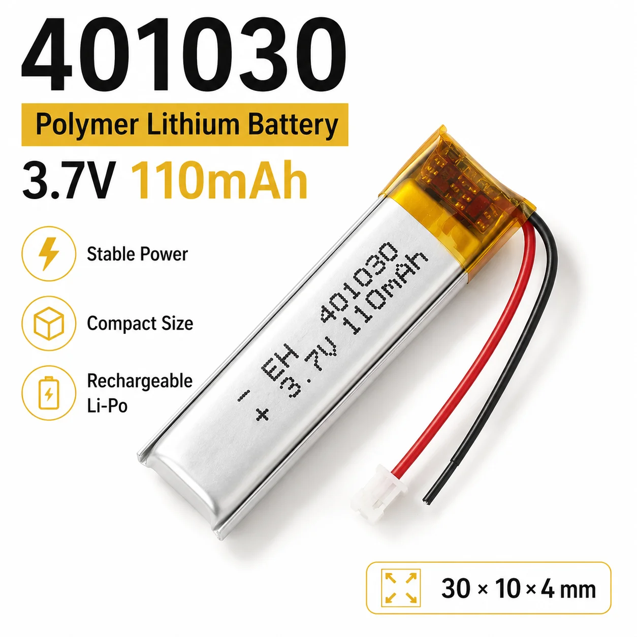 3.7V 110mAh 401030 Slim Lipo Rechargeable Battery Replacement for MP3 Player Bluetooth Earbuds GPS Mini Camera Video Pen