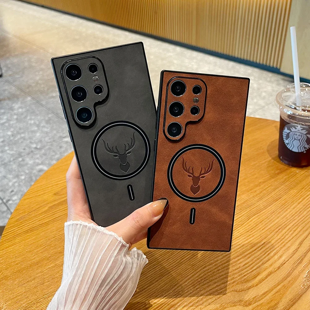 

Магнитный кожаный чехол для телефона с беспроводной зарядкой для Samsung Galaxy S24 S23 S22 S21 Plus, Ультратонкий чехол с оленем