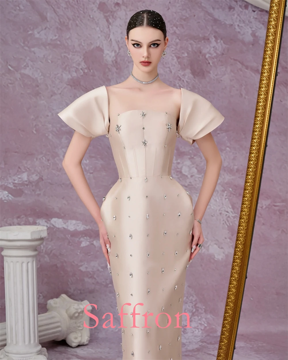 사용자 정의 절묘한 크리스탈 이브닝 드레스 기질 스트레이트 백 슬릿 연예인 가운 섬세한 분리형 슬리브 파티 드레스