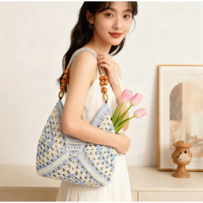 Hohl gestrickte Häkel-Schultertasche, Damen Casual Colorblock Handtasche für den Arbeitsweg, Leichte Sommer-Reisetasche – Detail 9