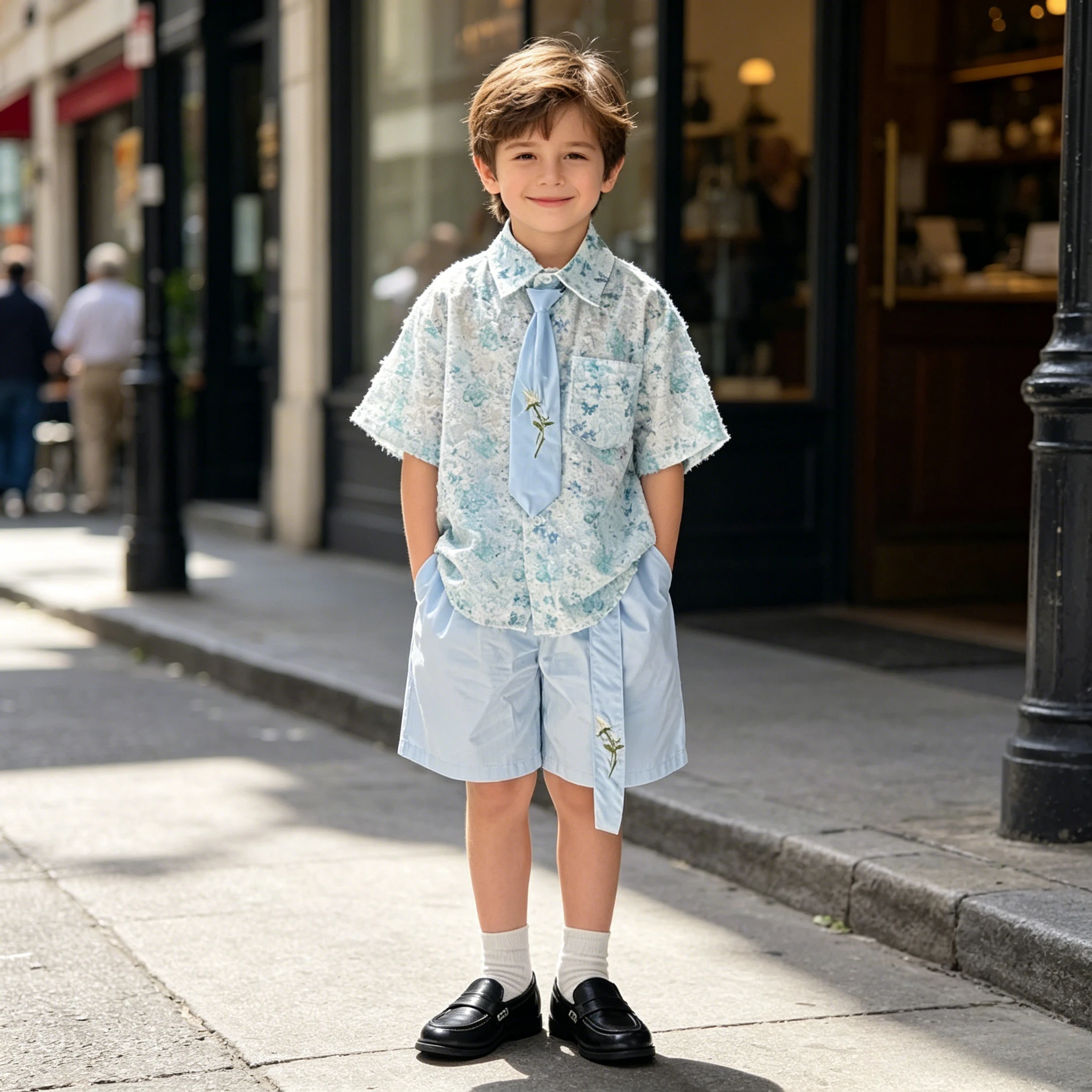 Boys 3D Butterfly Print Shirt Shorts Set Embroider Tie Summer Gentleman Outfit for Kids School Wedding Party Birthday Daily Wear