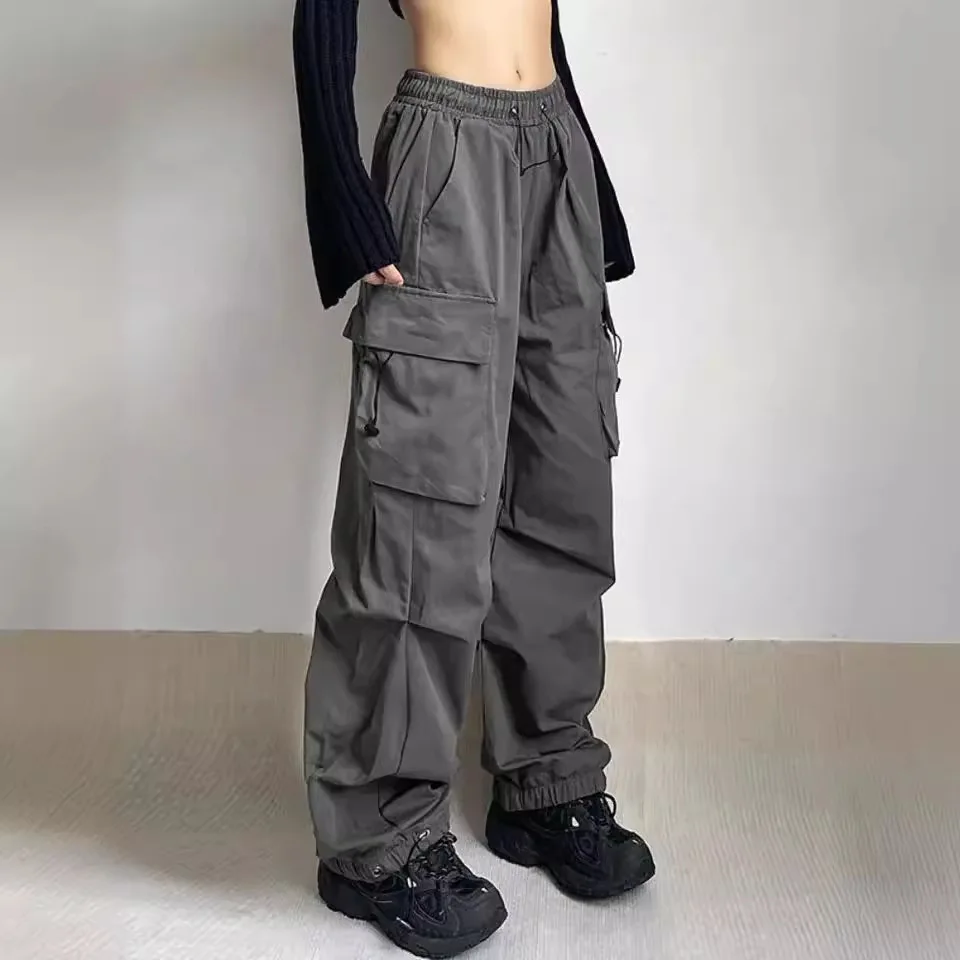 Y2K Black Parachute Pants Man Cargo Pants Hippie Streetwear Oversized Multi Pockets Cargo Trousers Wide Leg Baggy Sweatpants