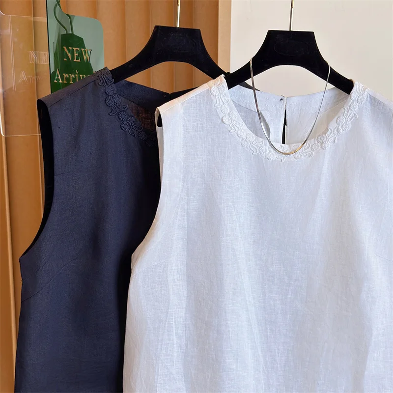 

Низкая цена, корейский льняной жилет без рукавов, летняя новая мода, круглая майка с тяжелой вышивкой, верхняя часть тела