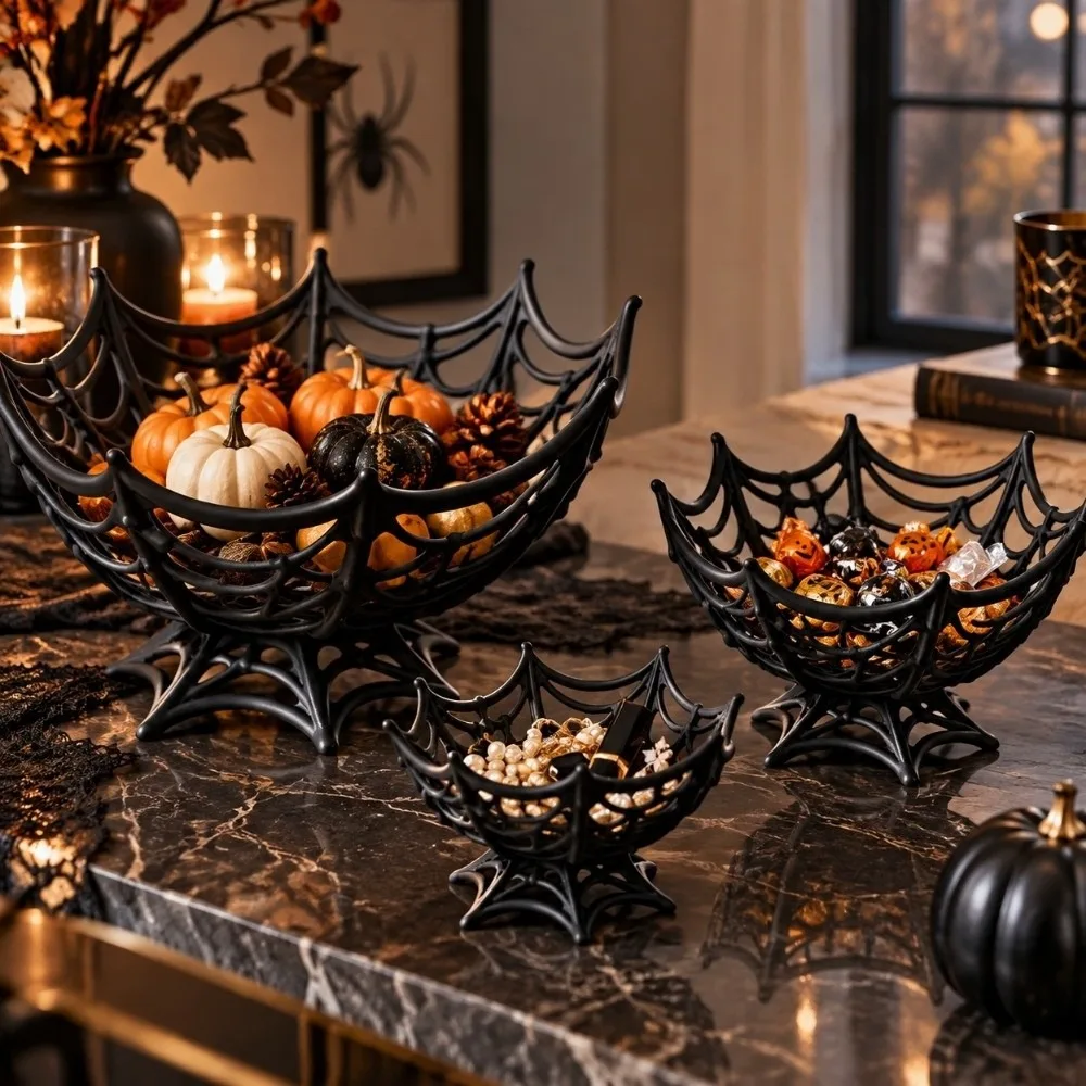 Hollow Out Halloween Spider Web Basket Reusable Trick or Treat Decoration Candy Basket Creative Desk Ornaments Snacks Bowl