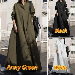 Islam Abaya vestido de algodón de Color puro para mujer, camisa Vintage, Abayas sueltas de manga larga, dobladillo grande