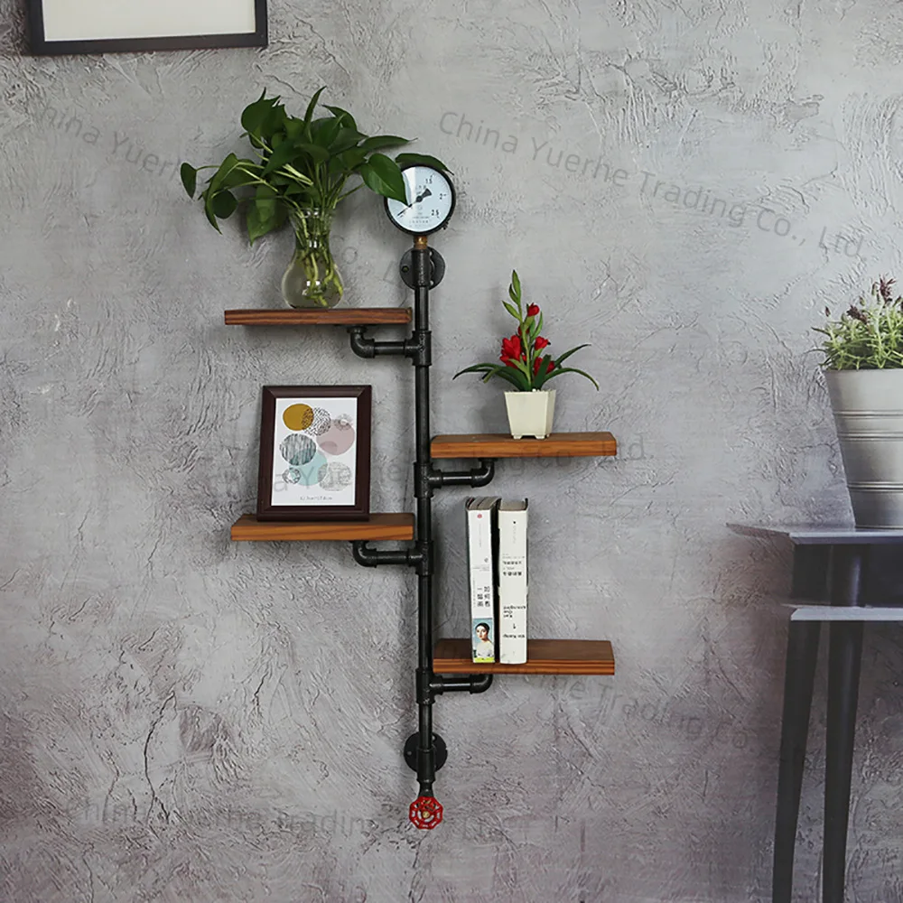 

Retro water pipe rack Wall wrought iron wall hanging bookshelf Multi-layer solid wood shelf Industrial air duct display rack