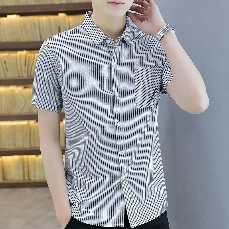 

With Pocket Short Sleeve Green Man Shirt Striped Summer Sale Aesthetic Fashion 2025 Korean Style Normal Designer Shirts for Men