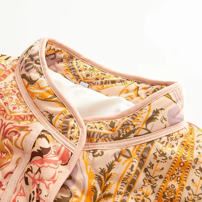 

Minority Ethnic Style 2025 Winter New Women's Cotton Orange Jacket Printed Design Mandarin Collar Cargo Jacket for Daily Wear