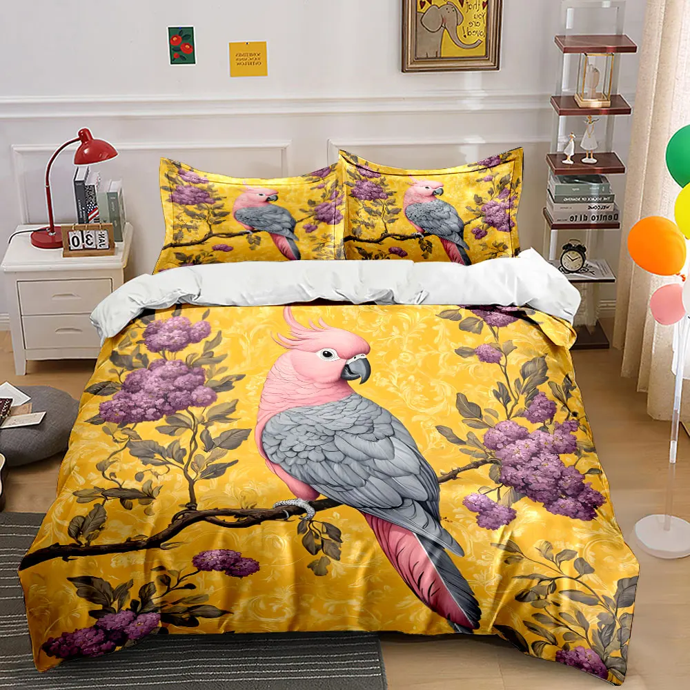 Pink parrot on floral branch Bedding Set for Kids Luxury Gift 3pcs Digital Print Comforter Set Soft Comfortable Breathable