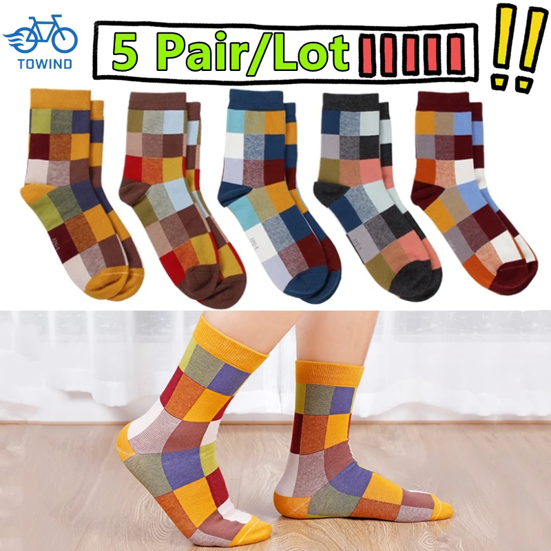 New 5 Pairs/Lot Combed Cotton Men's Socks Compression Socks Fashion Colorful Square Happy Dress Socks Men Size 39-45 Gifts 2024