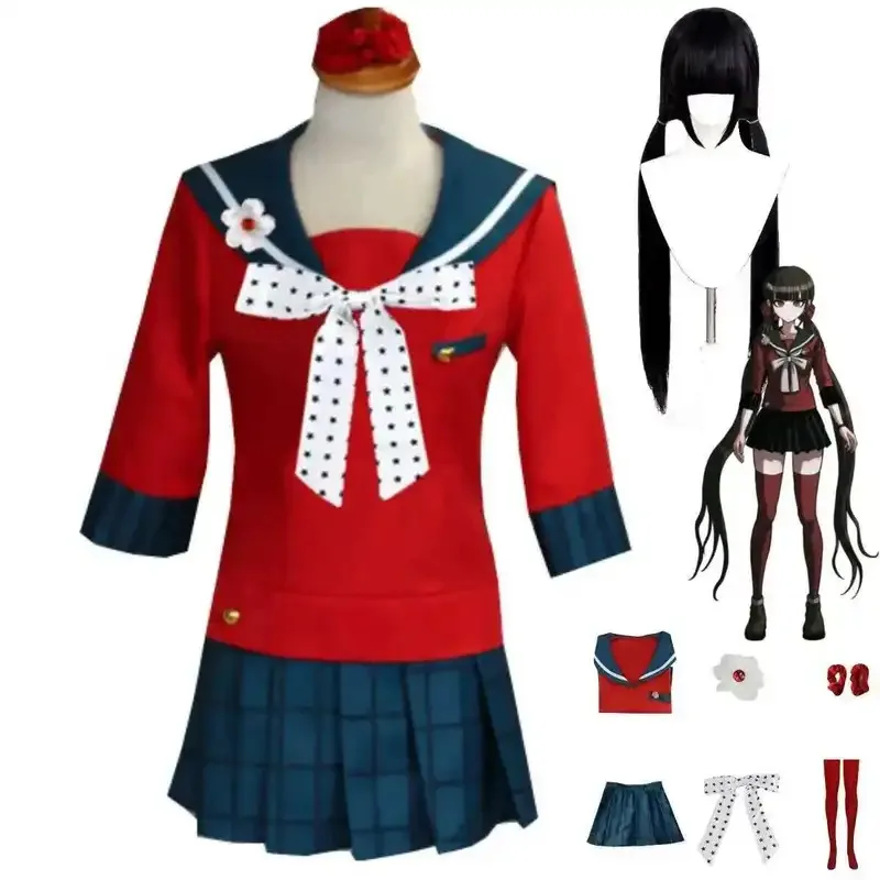 Juego Harukawa Maki disfraz de Cosplay uniforme escolar japonés JK traje de marinero Tops rojos peluca mujer adulta Sexy conjunto de fiesta de Carnaval dl;1