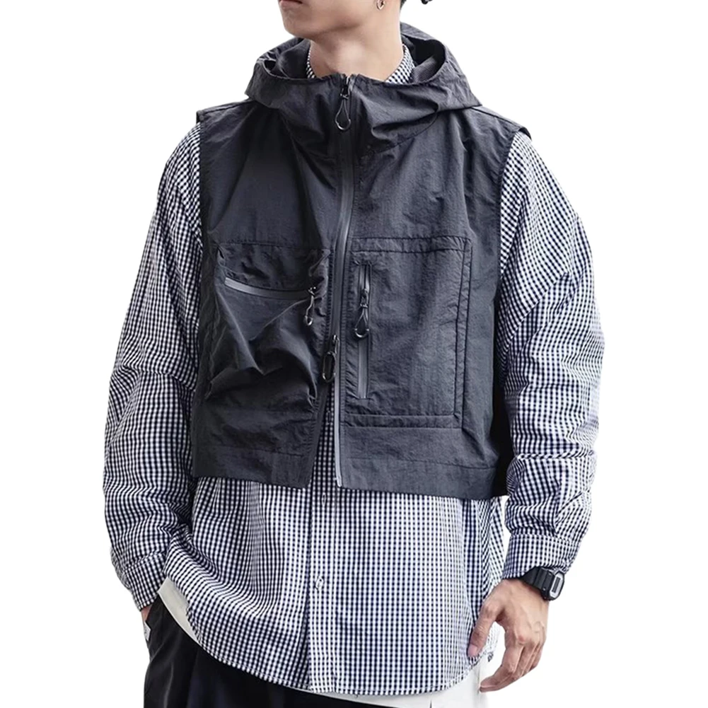

Functional Men's Hooded Vest with Multiple Pockets Lightweight Sleeveless Jacket for Casual and Work Occasions