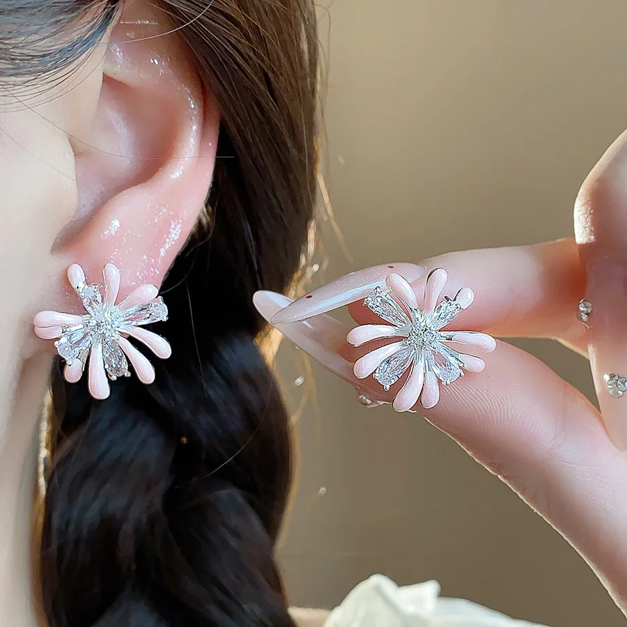 

Sweet Pink Dripping Oil Flower Stud Earrings for Women Trending New in Inlaid Zircon Floral Ear Studs Daily Dating Jewelry Gifts