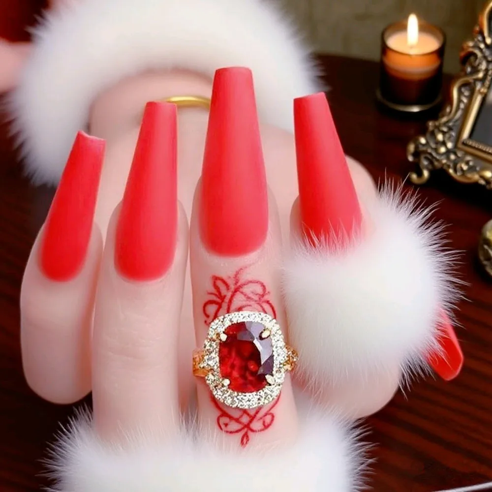 

24Pcs Super Long Matte Red Fake Nails Tips With Glue Sticker Ballerina Coffin Press On Nails Finger Manicure Accessory