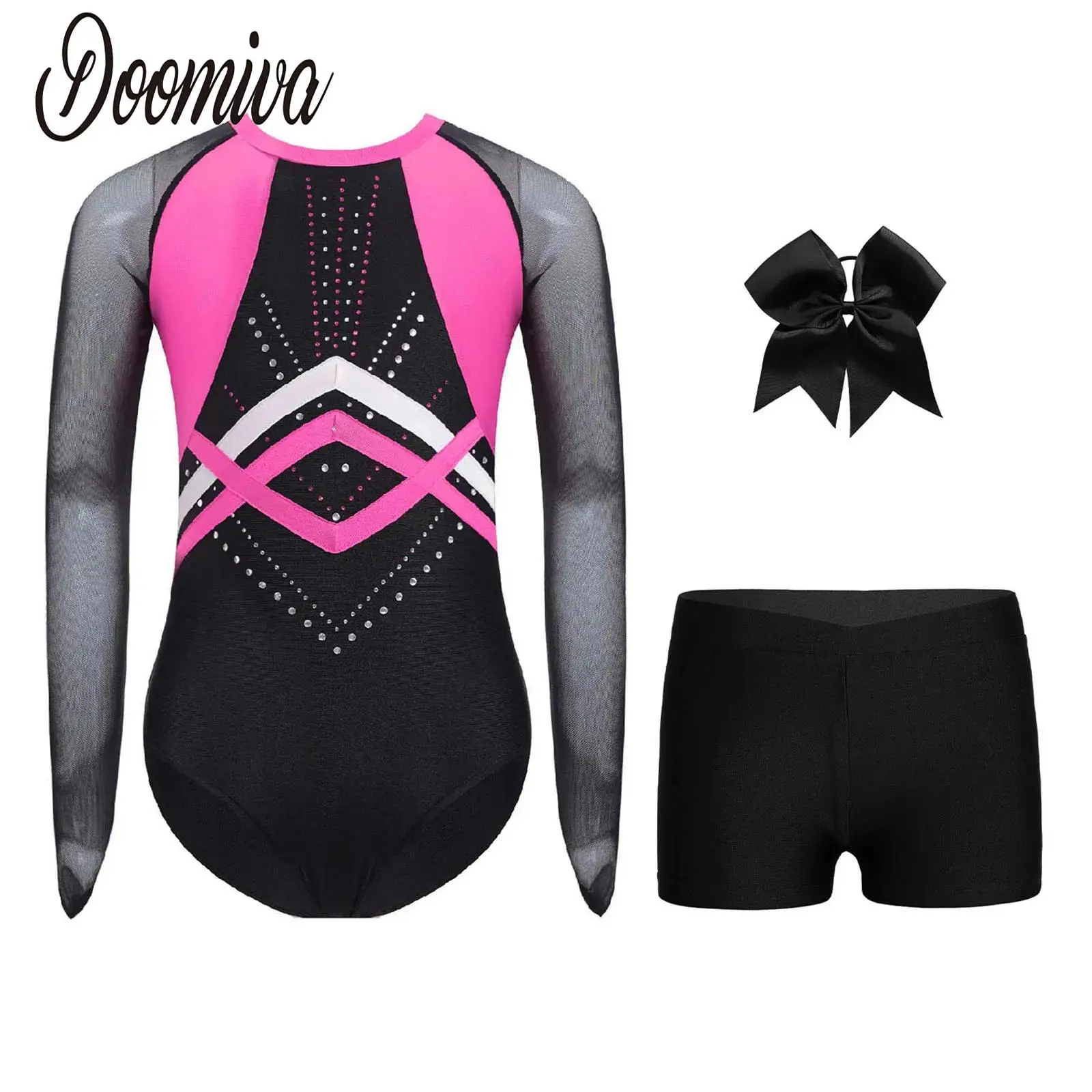 

Kids Girls Rhythmic Gymnastics Dance Outfit Sheer Mesh Long Sleeve Rhinestones Leotards Bodysuit and Shorts Figure Skating Sets
