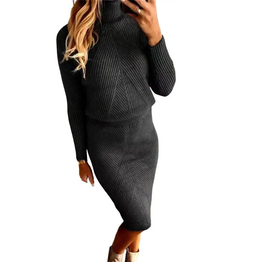 Winter Sweater Skirt Set High Collar Sweater Skirt Suit High Waist Elastic Lady Sweater Skirt Suit vestidos para mujer