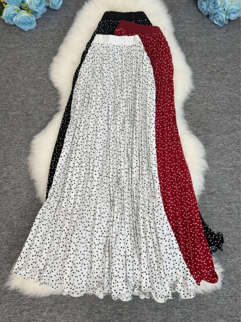 

95cm Summer South Africa North America Peach Heart Dot Skirt Classic Versatile Fashion Elegant Fold Long Skirt For Women W119