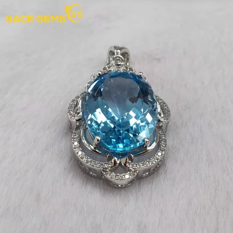 

SACEGEMS New Luxury 925Sterling Silver 13*18MM Natual Sky Blue Topaz Pendant Necklace for Women Cocktail Party Fine Jewelry Gift