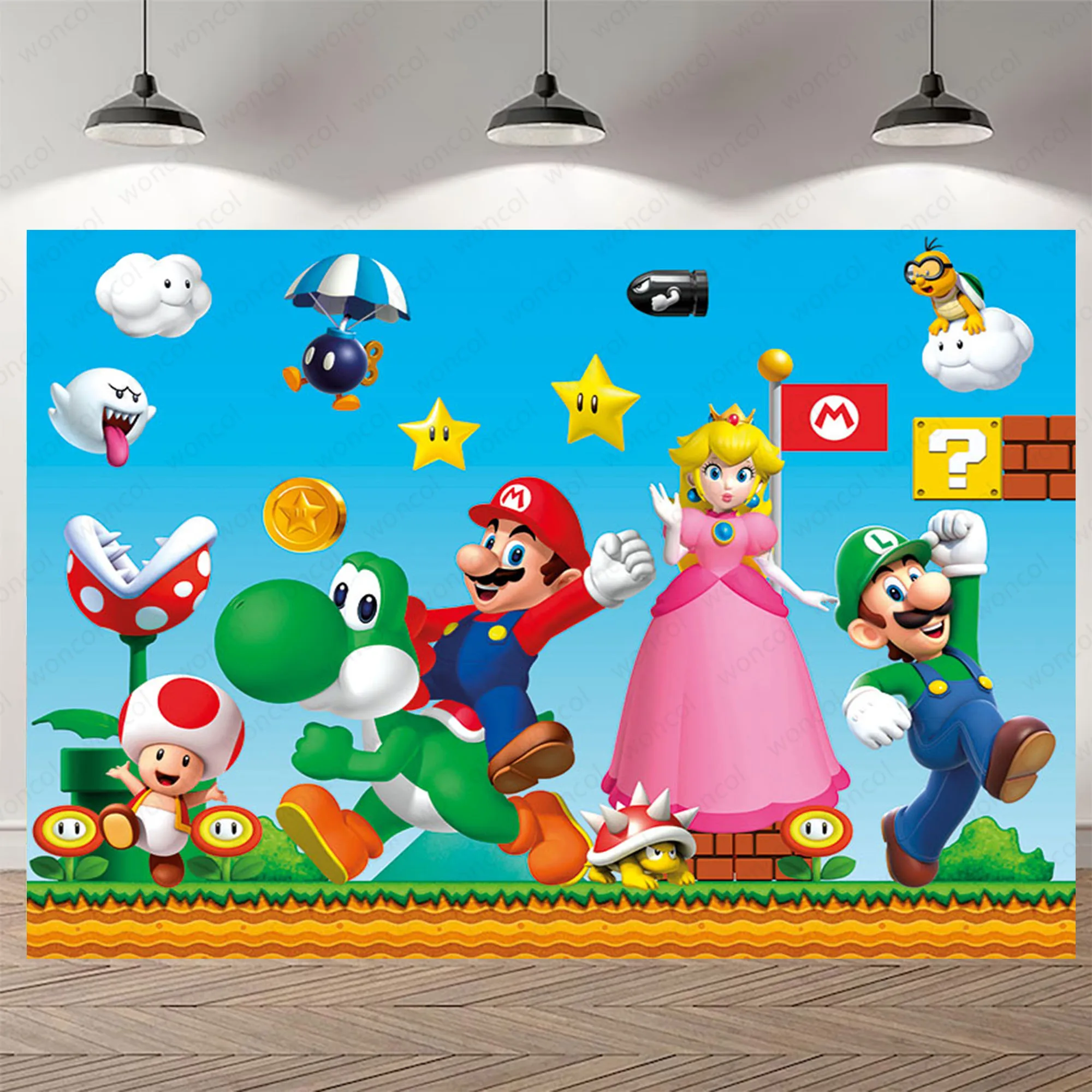 Telón de fondo de Super Mario Bros para niños, decoración de fiesta de cumpleaños, Fondo de fotografía de vinilo, pancarta de dibujos animados para Baby Shower, accesorios de estudio