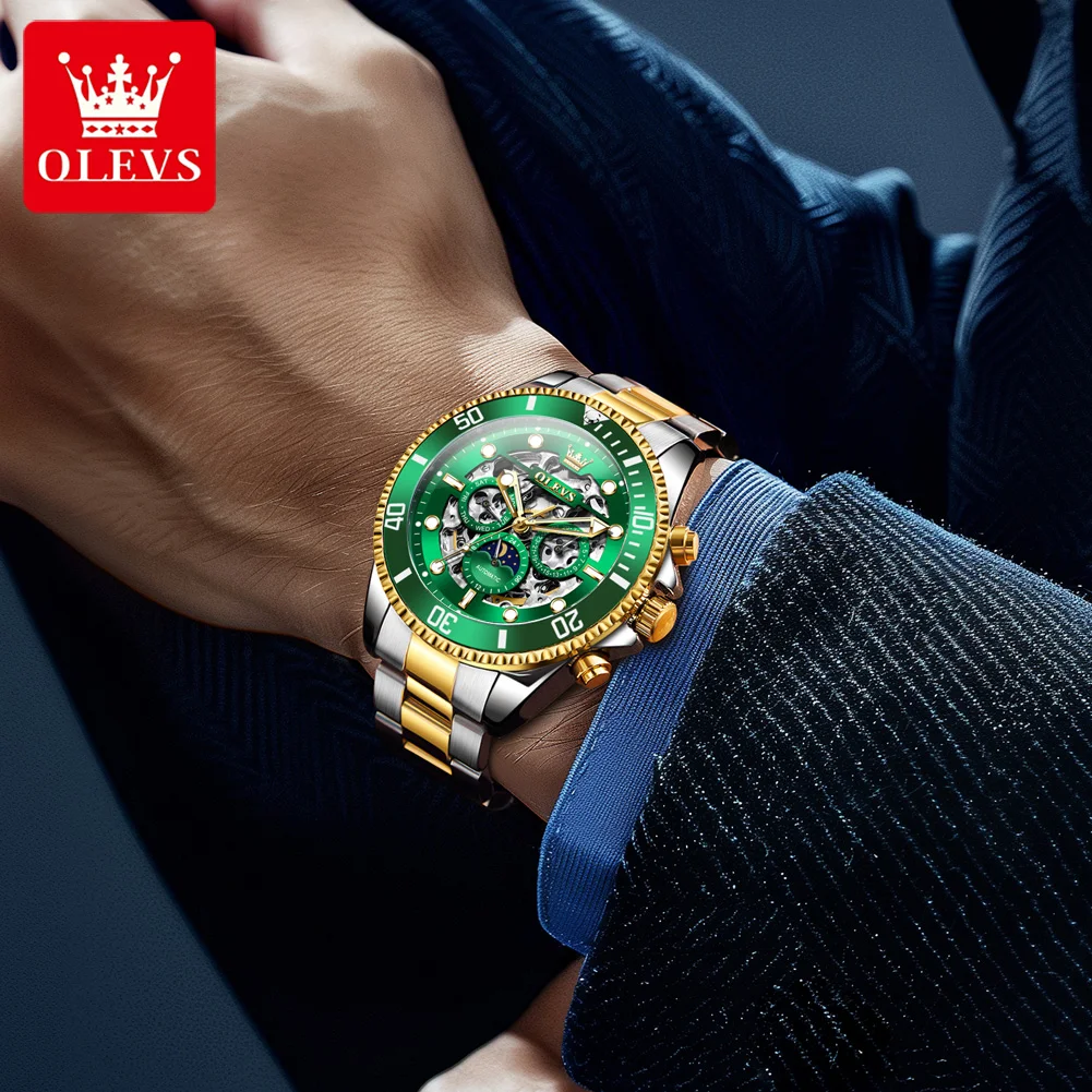 OLEVS 6715 Men's Watch Hollow Date Automatic Mechanical Watch For Men 43mm Big Dial Moon Phase Fashion Waterproof Man Wristwatch