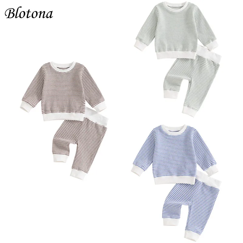 

Blotona Toddler Boys Fall Outfits Waffle Stripe Long Sleeve Sweatshirts Tops and Long Pants 2Pcs Clothes Set