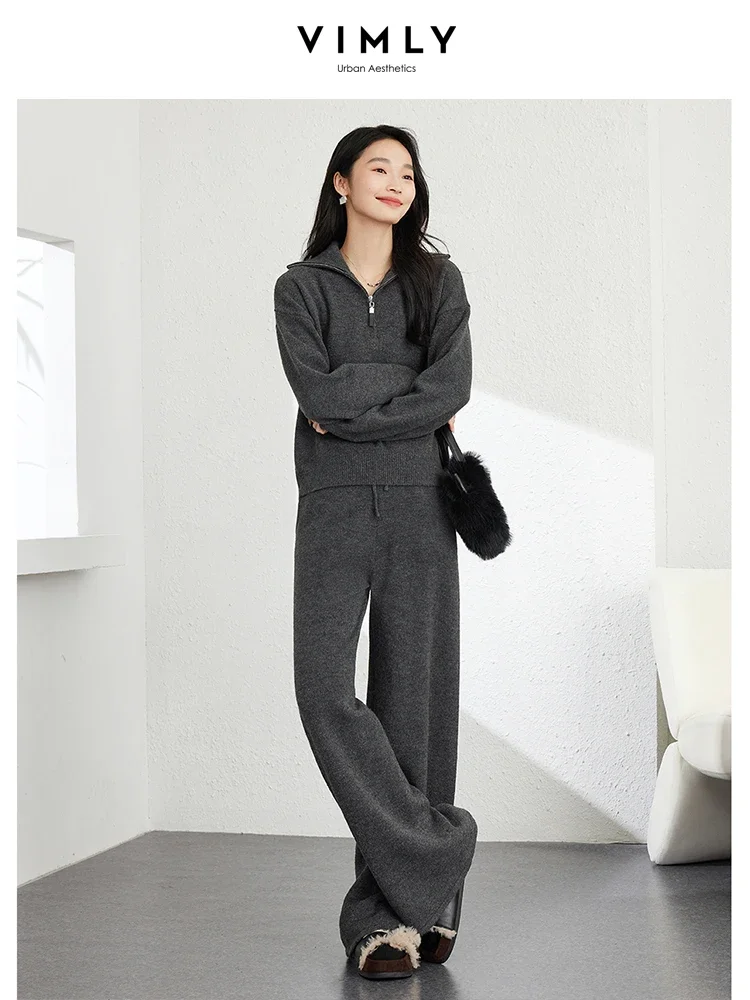 VIMLY Women\'s Commuter Loose Knitted Pants Sets Lapel Neck Pullover Top Elastic Waist Pant Simple 2Pcs Sets Casual Tracksuit