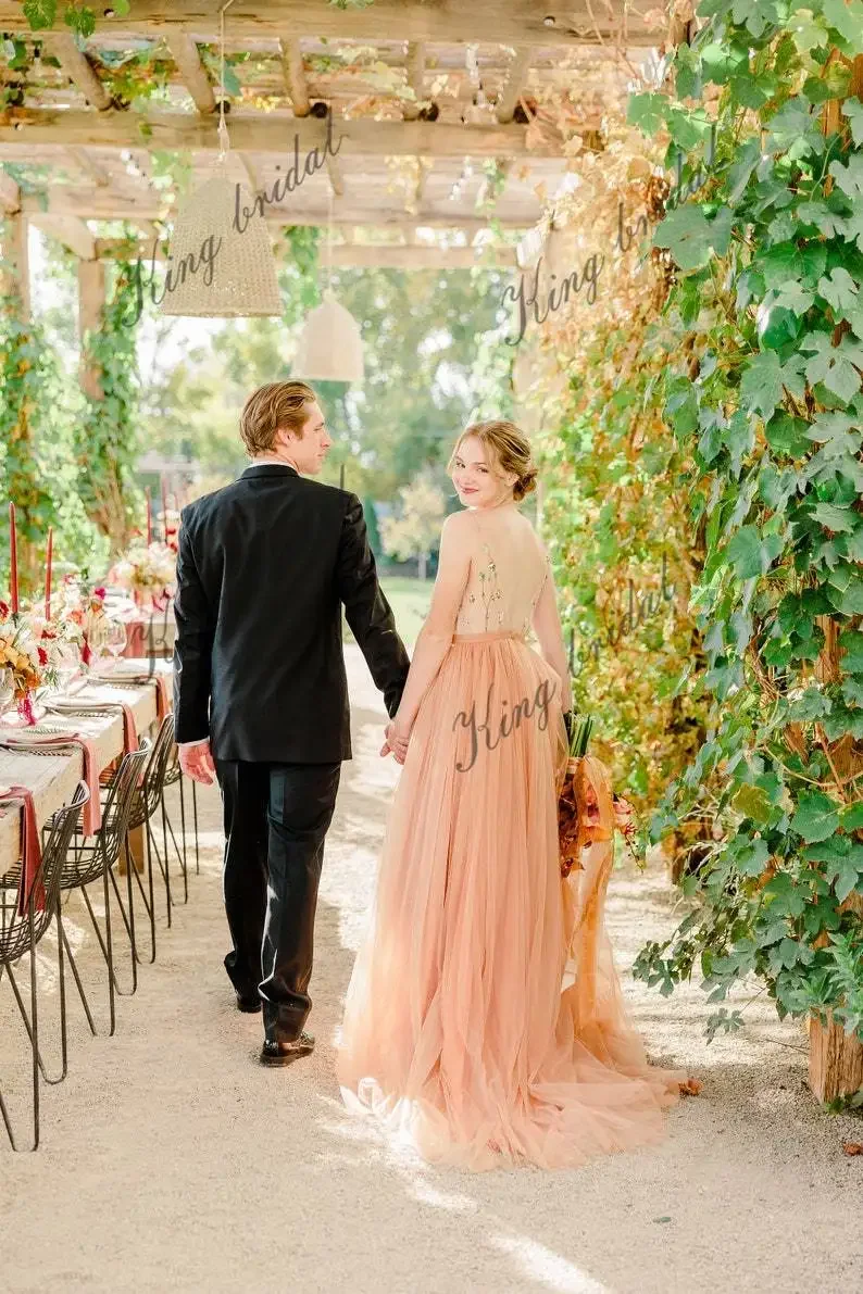 V-neck / Transparent Back Bridal Ballroom Dress Full A-line Wedding Dress Hand Embroidered Tulle Voluminous Wedding Gown