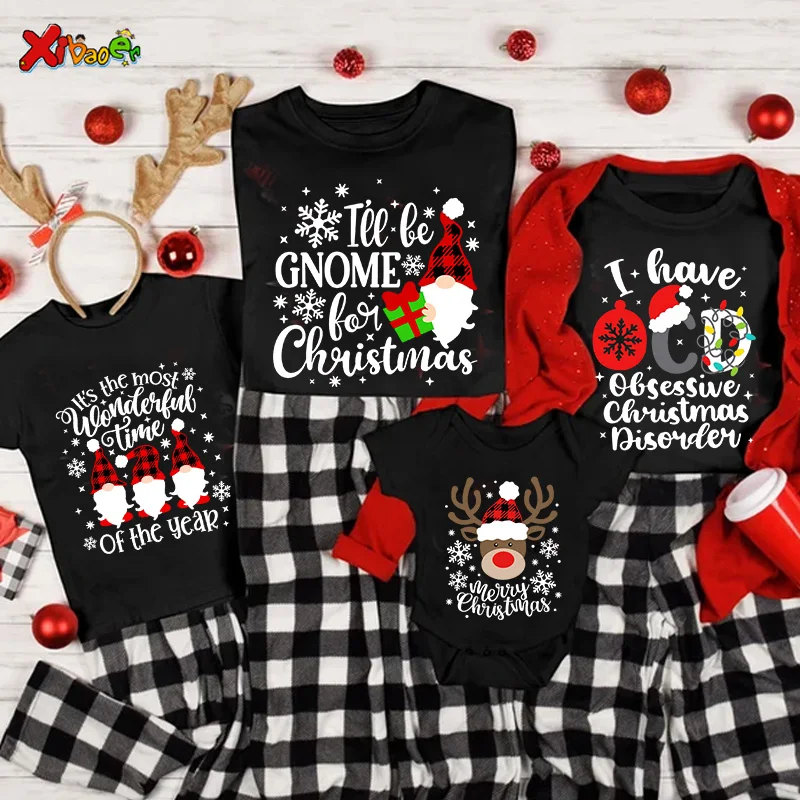 

2025 Family Christmas Shirts Cotton Family Matching Outfits Dad Mom Kids Tshirts Baby Rompers Matching Pajamas Clothes Famille