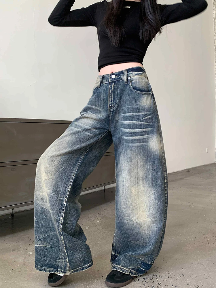 กางเกงยีนส์ทรงแบ็กกี้ผ้าเรดดาชิค แต่งลายวินเทจ สไตล์เกาหลี เอวต่ำ ทรงหลวม ขากว้าง ทรงกระบอก สตรีทแวร์ ยุค Y2K