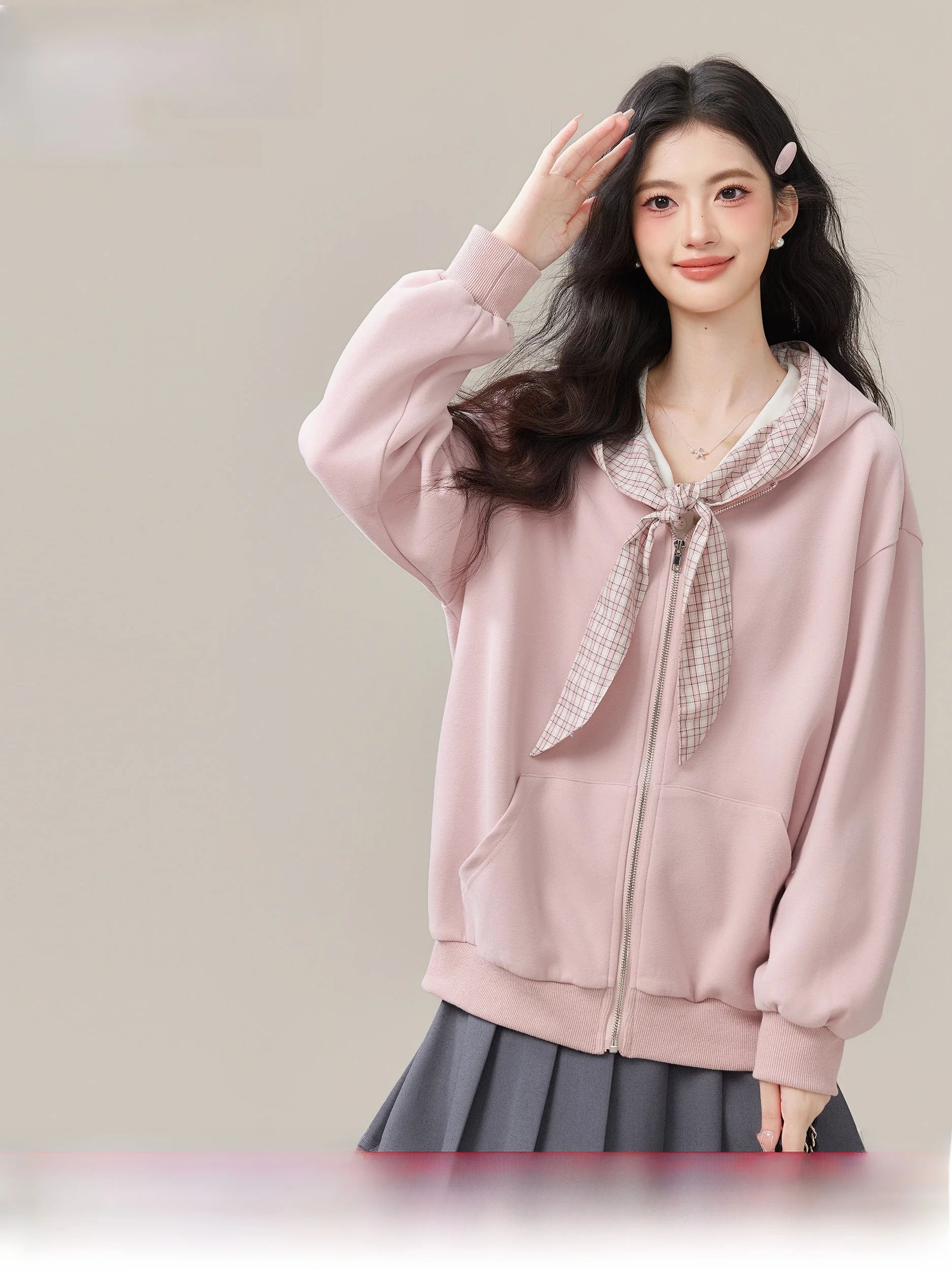 

Lingjiu Grid Knot Waistcoat Hoodie Women's Loose Lazy Outerwear Autumn New Style Long Sleeve Zipper Closure C...