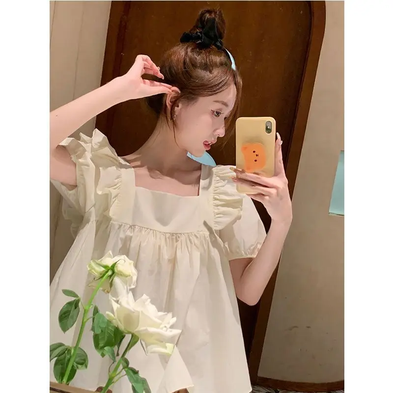 French style sweet square neck small fly sleeve ruffle edge shirt for women\'s summer new 2024 new apricot skirt doll top