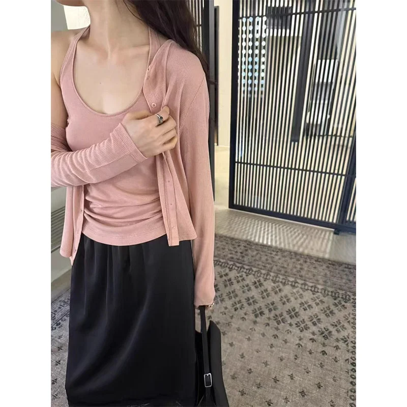 

MICOAT Women's Long Sve Ne Hanging Vest Gentle Top Two-Piece Set Sweet Sle Knitted Cardigan for Autumn Season